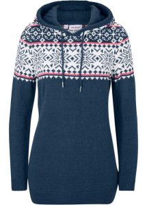 Sweter z kapturem. Niebieskie swetry klasyczne bonprix, z dzianiny, bez kołnierzyka. Za 114,99 zł.