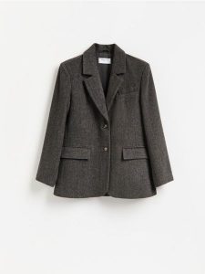 Marynarka z wełną - ciemnobrązowy. Brązowe marynarki i żakiety Reserved, l, bez wzorów, z tkaniny. Za 299,99 zł.