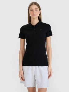 4F Koszulka polo slim damska - czarna S. Czarne bluzki 4f, s, bez wzorów, z bawełny, klasyczne, bez kołnierzyka, bez ramiączek. Za 79,99 zł.