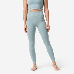 Legginsy do jogi i pilatesu damskie. Niebieskie legginsy DECATHLON, bez wzorów, z elastanu, z podwyższonym stanem, długie. Za 129,99 zł.
