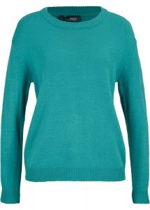 Sweter dzianinowy z okrągłym dekoltem. Niebieskie swetry klasyczne bonprix, z dzianiny, bez kołnierzyka. Za 52,99 zł.