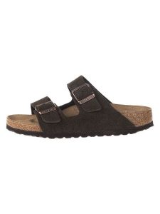 Birkenstock Skórzane klapki "Arizona" w kolorze ciemnobrązowym rozmiar: 38. Brązowe klapki Birkenstock, bez wzorów, ze skóry, bez obcasa. Za 443,03 zł.