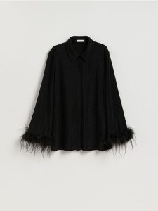 Koszula z metalizowaną nitką - czarny. Czarne koszule Reserved, l, bez wzorów, z dzianiny, bez kołnierzyka, bez ramiączek. Za 159,99 zł.