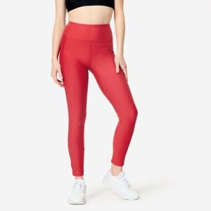 Legginsy fitness damskie Domyos. Czerwone legginsy DOMYOS, bez wzorów, z elastanu, z podwyższonym stanem. Za 79,99 zł.