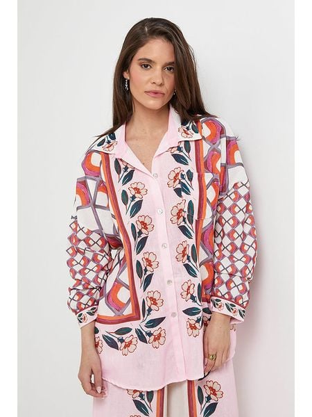 Rodier Lin Lniana koszula w kolorze jasnoróżowo-białym rozmiar: S/M. Białe koszule Rodier Lin, m, bez wzorów, ze lnu, bez kołnierzyka, bez ramiączek. Za 118,84 zł.