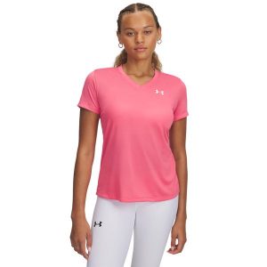 Koszulka treningowa damska z dekoltem w serek Under Armour Tech™. Białe bluzki Under Armour, bez wzorów, z materiału, bez kołnierzyka, bez ramiączek. Za 186,50 zł.