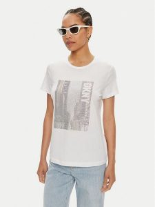 DKNY T-Shirt P4DHQWNA Biały Regular Fit. Białe t-shirty DKNY, xs, bez wzorów, z bawełny, bez kołnierzyka, bez ramiączek. Za 189,99 zł.