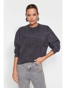 Trendyol Bluza w kolorze antracytowym rozmiar: XS. Czarne bluzy Trendyol, xs, bez wzorów, z bawełny, bez kaptura. Za 74,63 zł.