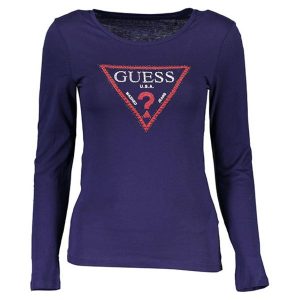 Bluzka w kolorze fioletowym. Fioletowe bluzki marki Guess, z nadrukiem, z okrągłym kołnierzem. W wyprzedaży za 159,95 zł.