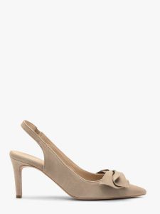 Beżowe czółenka slingback z kokardą OFELIA. Brązowe czółenka Ryłko, z aplikacjami, z materiału, bez obcasa, na obcasie, bez zapięcia. Za 379,99 zł.
