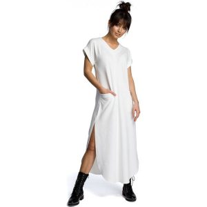 Długa komfortowa sukienka z rozcięciami. Brązowe sukienki Sukienki.shop, na co dzień, na lato, l, bez wzorów, z bawełny, eleganckie, bez kołnierzyka, bez ramiączek, maxi. Za 139,00 zł.