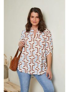 Curvy Lady Bluzka w kolorze biało-błękitno-brązowym rozmiar: 44/46. Białe bluzki Curvy Lady, bez wzorów, klasyczne, bez kołnierzyka, bez ramiączek. Za 96,60 zł.