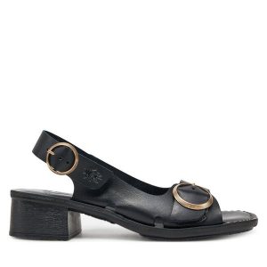 Sandały Fly London. Czarne sandały Fly London, bez wzorów, bez obcasa, na słupku, bez zapięcia. Za 509,99 zł.