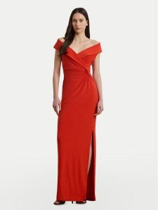 LAUREN RALPH LAUREN Sukienka wieczorowa 253863940024 Pomarańczowy Slim Fit. Brązowe sukienki Lauren Ralph Lauren, bez wzorów, z syntetyku, wizytowe, bez kołnierzyka, bez ramiączek. Za 661,99 zł.