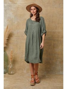 Fleur de Lin Lniana sukienka "Cadence" w kolorze khaki rozmiar: XXL. Brązowe sukienki Fleur de Lin, xxl, bez wzorów, ze lnu, bez kołnierzyka, bez ramiączek, midi. Za 202,45 zł.