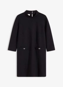 Sukienka mini z materiału punto di roma. Czarne sukienki bonprix, bez wzorów, eleganckie, bez kołnierzyka, bez ramiączek, mini. Za 169,99 zł.