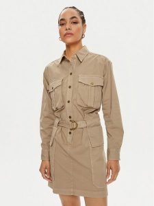 Pinko Sukienka koszulowa 102997 A1NF Beżowy Regular Fit. Brązowe kombinezony Pinko, bez wzorów, z bawełny, bez kołnierzyka, bez ramiączek, koszulowe. Za 699,99 zł.