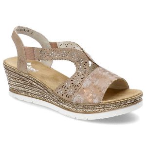 Różowe Sandały Rieker Eleganckie Buty Na Koturnie. Czerwone sandały Rieker, z aplikacjami, ze skóry ekologicznej, bez obcasa, na koturnie, bez zapięcia. Za 239,00 zł.