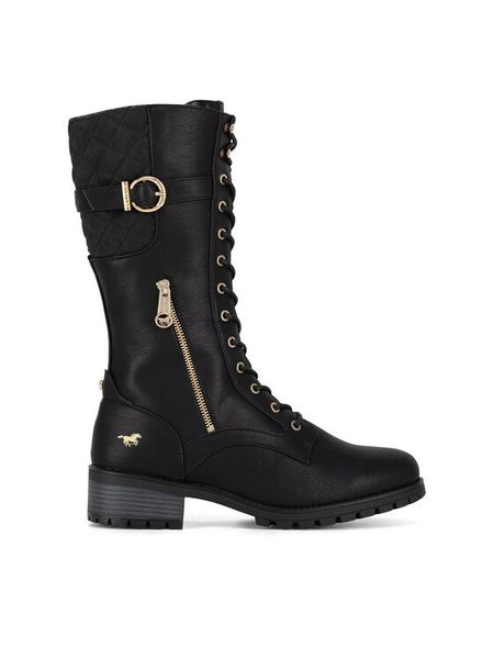 Mustang Kozaki 1435-602 Czarny. Czarne kozaki Mustang, bez wzorów, z materiału, bez obcasa, na słupku, bez zapięcia. Za 399,99 zł.