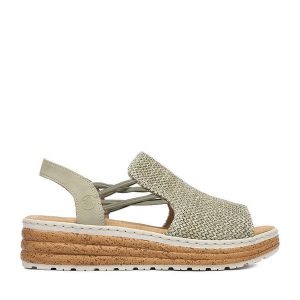 Sandały Rieker. Zielone sandały Rieker, bez wzorów, bez obcasa, na koturnie, bez zapięcia. Za 319,99 zł.