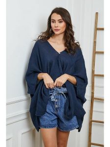 Fleur de Lin Lniana bluzka w kolorze granatowym rozmiar: M. Niebieskie bluzki Fleur de Lin, m, bez wzorów, ze lnu, z asymetrycznym kołnierzem, bez ramiączek. Za 206,42 zł.