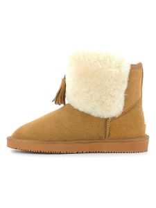 NICEBAY Skórzane botki zimowe "Nechako" w kolorze jasnobrązowym rozmiar: 36. Brązowe botki NICEBAY, na zimę, z aplikacjami, z materiału, bez obcasa, bez zapięcia. Za 165,99 zł.