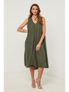 Fleur de Lin Sukienka w kolorze khaki rozmiar: S. Brązowe sukienki Fleur de Lin, s, bez wzorów, ze lnu, bez kołnierzyka, bez ramiączek, midi. Za 218,45 zł.