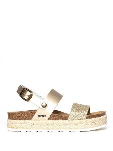 BAYTON Sandały "Gaceo" w kolorze złotym na koturnie rozmiar: 37. Żółte sandały Bayton, bez wzorów, z otwartym noskiem, bez obcasa, na koturnie, bez zapięcia. Za 148,61 zł.