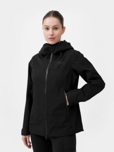 4F Kurtka trekkingowa membrana 10000 damska S. Czarne kurtki 4f, m, bez wzorów, z hardshellu, bez kaptura. W wyprzedaży za 79,99 zł.