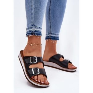 Klapki Damskie Z Klamrami Inblu CP000042 Czarne. Czarne klapki bez wzorów, ze skóry, bez obcasa. Za 132,95 zł.
