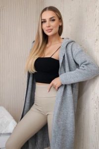 Sweter Kardigan z kapturem szary. Szare długie swetry KESI, l, z lycry, bez kołnierzyka, plus size. Za 218,51 zł.