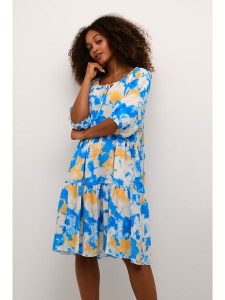 Kaffe Sukienka w kolorze kremowo-niebieskim rozmiar: S/M. Brązowe sukienki Kaffe, na co dzień, m, bez wzorów, z wiskozy, bez kołnierzyka, bez ramiączek, midi, proste. Za 130,99 zł.