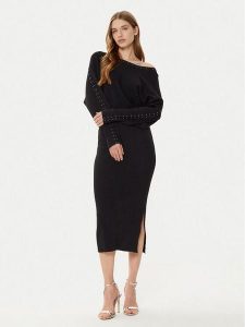 Morgan Sukienka dzianinowa 242-RMLIDO Czarny Slim Fit. Czarne kombinezony Morgan, m, bez wzorów, z dzianiny, bez kołnierzyka, bez ramiączek. Za 259,99 zł.