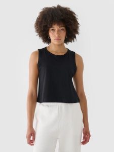 4F Crop top regular gładki damski - czarny M. Czarne topy 4f, m, bez wzorów, z bawełny, sportowe, bez kołnierzyka, bez ramiączek. W wyprzedaży za 29,99 zł.