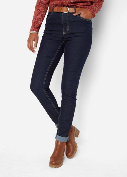 Jegginsy high-waist z wygodnym pasem. Niebieskie jeansy bonprix, bez wzorów, z jeansu, z podwyższonym stanem. Za 109,99 zł.