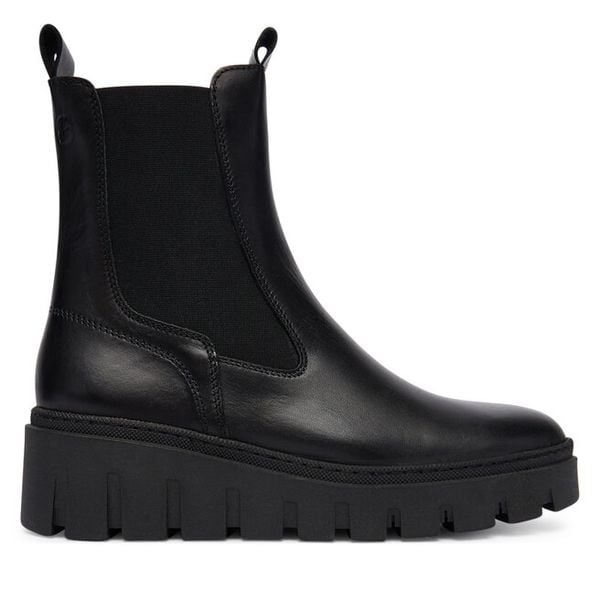 Sztyblety Tamaris. Czarne botki Tamaris, bez wzorów, bez obcasa, na koturnie, bez zapięcia. Za 359,99 zł.