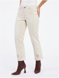 Orsay Dżinsy - Slim fit - w kolorze kremowym rozmiar: 34. Brązowe jeansy Orsay, z aplikacjami, ze skóry. Za 52,67 zł.