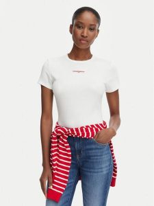 Tommy Jeans T-Shirt Script Rib DW0DW22809 Kremowy Slim Fit. Białe t-shirty Tommy Jeans, xl, bez wzorów, z bawełny, bez kołnierzyka, bez ramiączek. Za 149,99 zł.