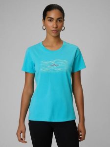 4F T-shirt regular z nadrukiem damski - turkusowy XS. Niebieskie t-shirty 4f, xs, bez wzorów, z bawełny, bez kołnierzyka, bez ramiączek. Za 49,99 zł.