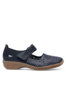 Rieker Półbuty 41399-14 Granatowy. Niebieskie półbuty Rieker, bez wzorów, ze skóry, bez obcasa, na płaskiej podeszwie, bez zapięcia. Za 299,99 zł.