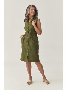 TATUUM Sukienka w kolorze khaki rozmiar: 36. Brązowe sukienki Tatuum, bez wzorów, ze lnu, bez kołnierzyka, bez ramiączek, midi. Za 227,31 zł.