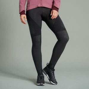 Spodnie rowerowe MTB damskie Rockrider zimowe. Czarne spodnie z wysokim stanem ROCKRIDER, bez wzorów, z elastanu, długie. Za 199,99 zł.