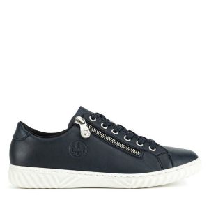 Półbuty Rieker. Niebieskie półbuty Rieker, bez wzorów, bez obcasa, na płaskiej podeszwie, bez zapięcia. Za 219,99 zł.