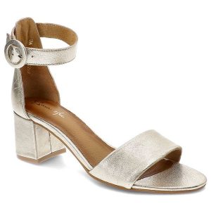 Złote Sandały Maciejka Eleganckie Skórzane Buty. Żółte sandały Maciejka, bez wzorów, ze skóry, bez obcasa, na obcasie, bez zapięcia. Za 239,00 zł.