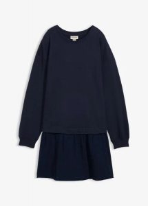 Sukienka dresowa z dołem z tkaniny. Zielone sukienki bonprix, bez wzorów, z dresówki, bez kołnierzyka, bez ramiączek. Za 124,99 zł.