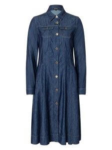 More & More Sukienka dżinsowa w kolorze granatowym rozmiar: 40. Niebieskie sukienki More & More, bez wzorów, bez kołnierzyka, bez ramiączek, midi, rozkloszowane. Za 156,24 zł.