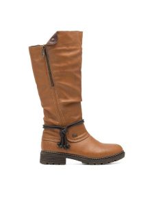 Rieker Kozaki Z4758-24 Brązowy. Brązowe kozaki Rieker, bez wzorów, z materiału, bez obcasa, na płaskiej podeszwie, bez zapięcia. Za 359,99 zł.