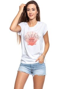 MUSTANG T SHIRT DAMSKI Alina C Foilprint 1009473 2045. Białe t-shirty Mustang, s, bez wzorów, bez kołnierzyka, bez ramiączek. Za 69,99 zł.