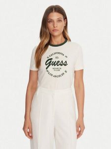Guess T-Shirt V5BI03 J1314 Beżowy Slim Fit. Brązowe t-shirty Guess, s, z aplikacjami, z bawełny, bez kołnierzyka, bez ramiączek. Za 139,99 zł.