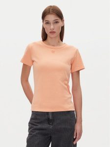 HUGO T-Shirt Deloris 50512002 Pomarańczowy Regular Fit. Brązowe t-shirty Hugo, m, bez wzorów, z bawełny, bez kołnierzyka, bez ramiączek. Za 129,99 zł.